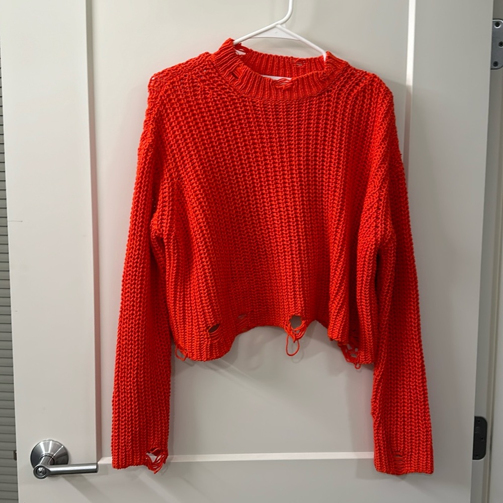 Zara distressed cropped orange cotton acrylic sweater size small